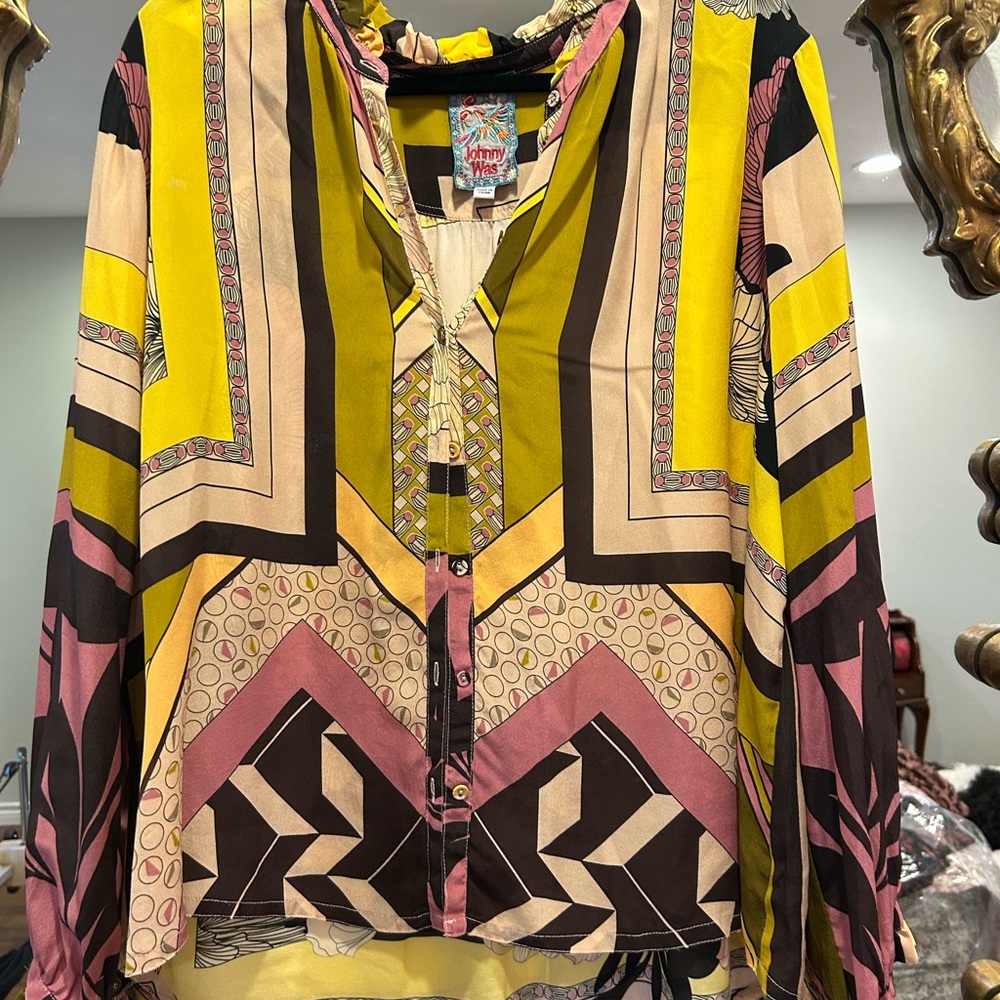 Johnny Was Sz XL Retro Silk Multicolor Geometric Women's Top